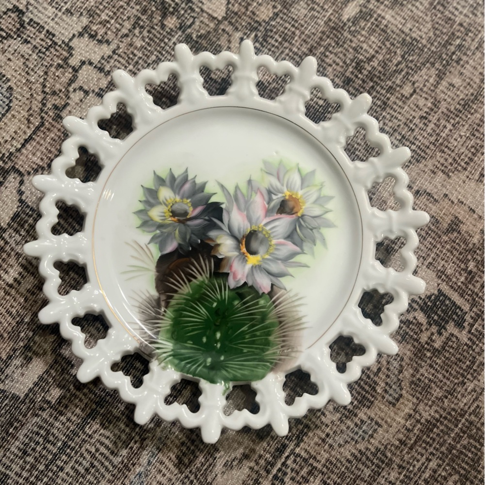 Vintage Norcrest Hand-Painted Reticulated Plate Cactus & Flowers & Cutouts